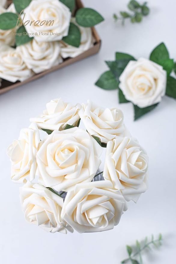 Floroom Artificial Flowers 25pcs Real Looking Cream Foam Fake Roses - Image 2