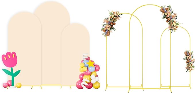 Wedding Arch Stand with Beige Spandex Fitted Arch Backdrop Cover Set 6FT 6.6FT by OMKSIH