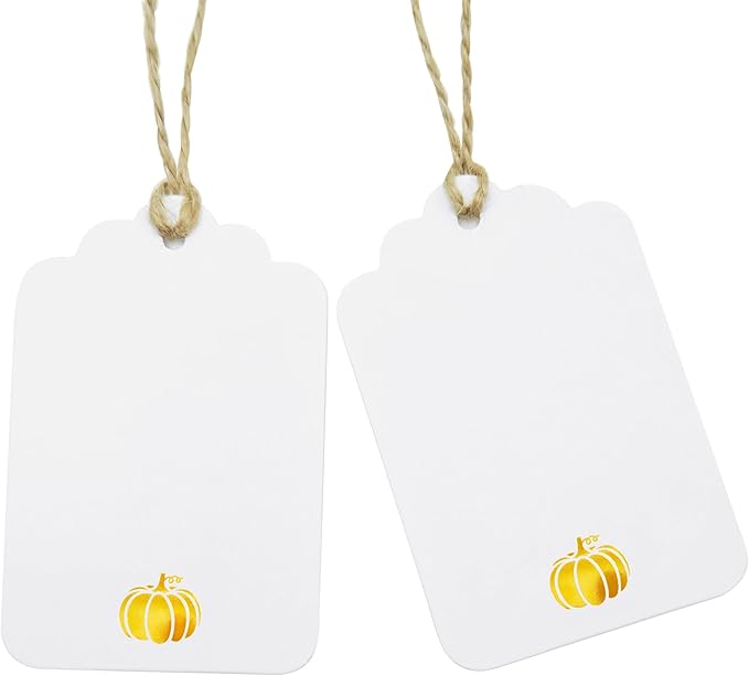 100 Pcs Blank Gift Tags with String Gold Foil Pumpkin Large White Paper Gift by ASYEHJNR