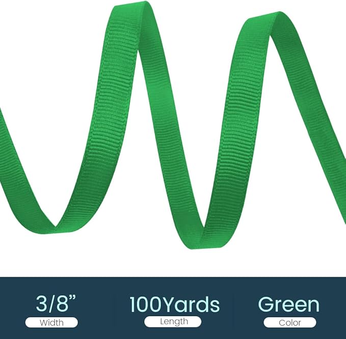 3/8" X 100 Yards Green Grosgrain Ribbon, Premium Grosgrain Ribbon - Image 2