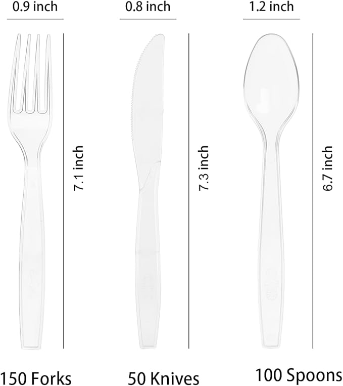 300 Count Clear Plastic Silverware, Heavy Weight Plastic Forks Spoons Knives - Image 2