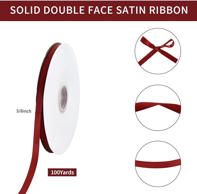 TONIFUL 3/8 Inch x 100yds Scarlet Dark Red Satin Ribbon Thin Solid Fabric - Image 2
