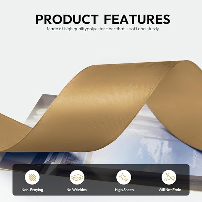 1-1/2 Inch 100 Yards Satin Ribbon Champagne Gold, Solid Color Fabric Ribbon - Image 3