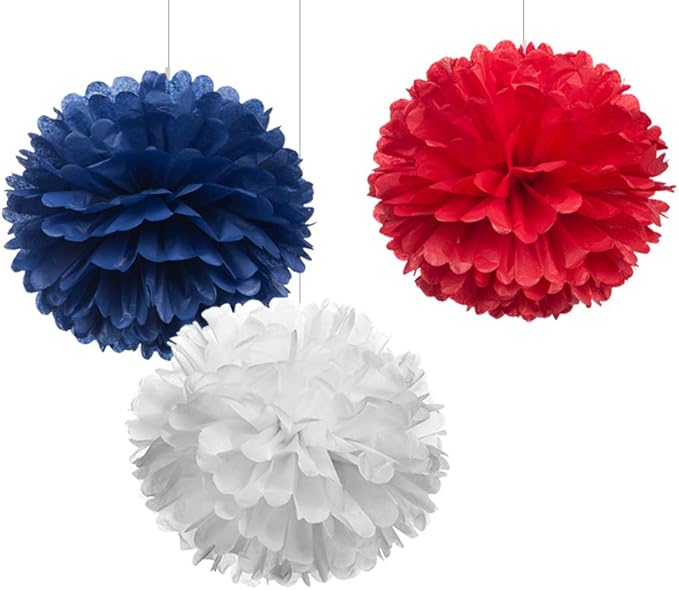 12" Red White Blue Tissue Pom Poms DIY Hanging Paper Flower Balls by WEVEN