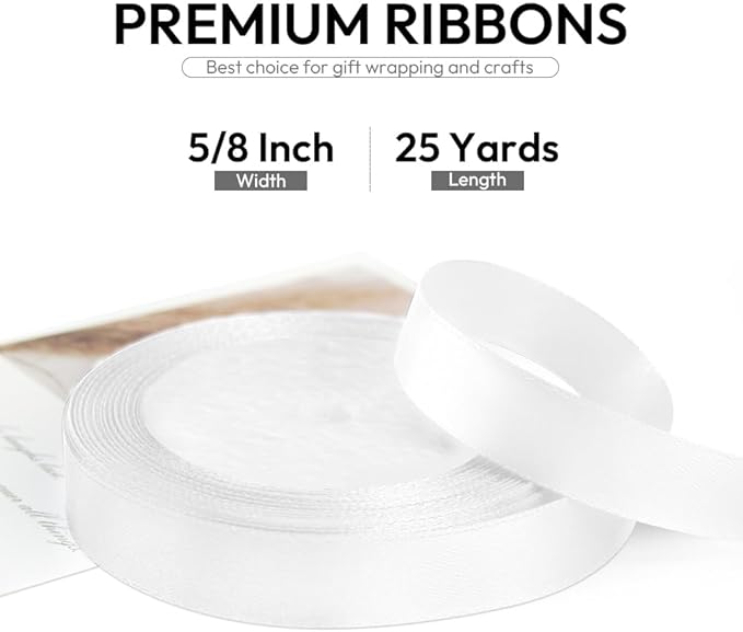 5/8 Inch 25 Yards Satin Ribbon White, Solid Color Fabric Ribbon - Image 2