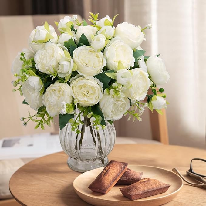 Artificial Peonies Silk Flowers in Glass Vase Faux Flowers Bouquets Modern - Image 5