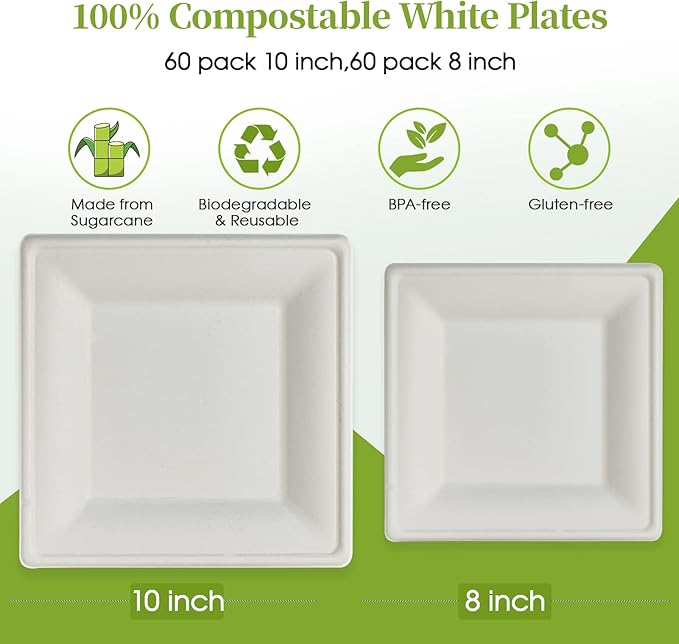 ECOLipak 120 Pack Compostable Paper Plates, 10 inch and 8 inch Heavy Duty Eco - Image 2