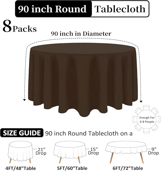 8 Pack Brown Round Tablecloth 90 Inch Stain and Wrinkle Resistant Round Brown - Image 2