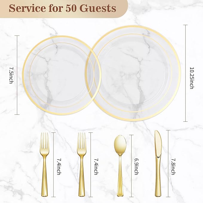 300PCS Clear Gold Plastic Plate Set, Disposable Dinnerware Set - Image 4