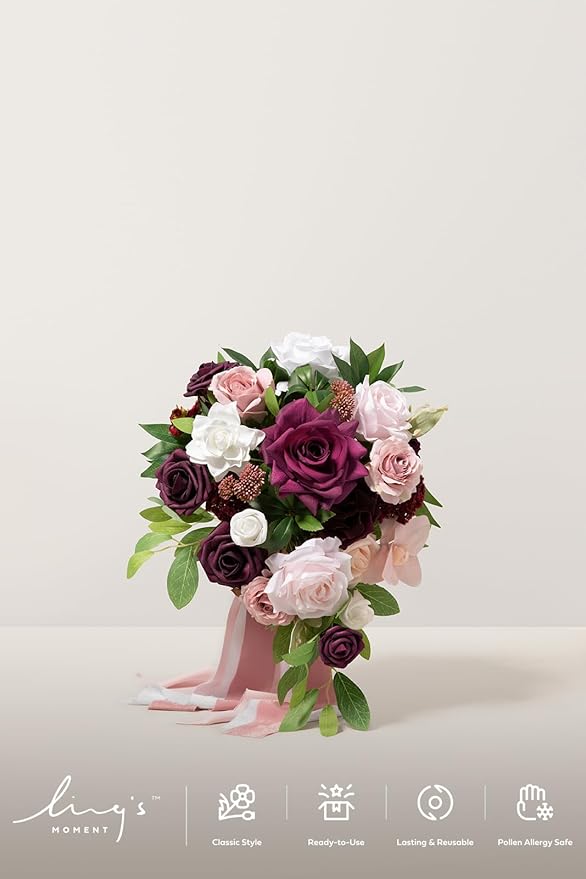 Ling's moment Burgundy Cascading Bridal Bouquet, Marsala Wedding Bouquets - Image 3