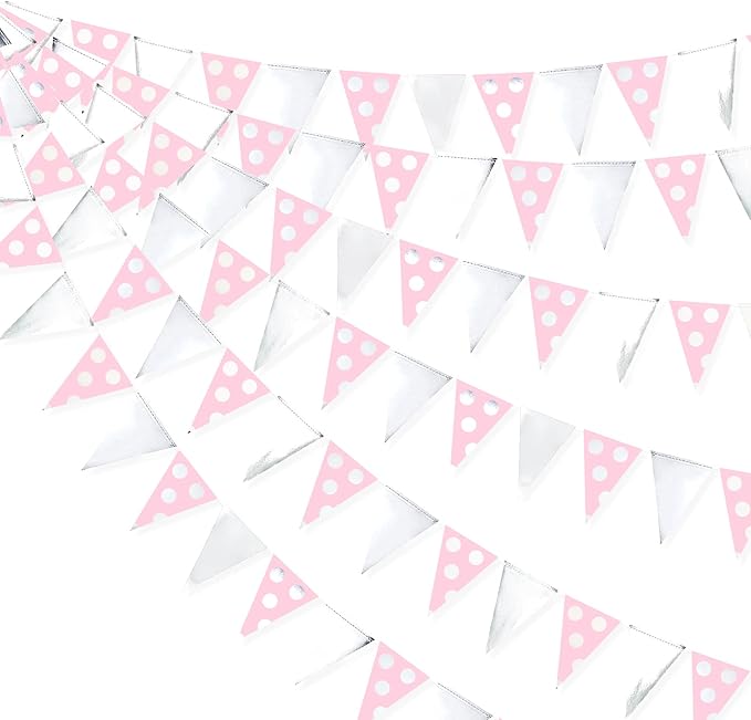 30 Ft Silver Pink Polka Dot Pennant Banner Blush Paper Circle Dot Triangle by pinkblume