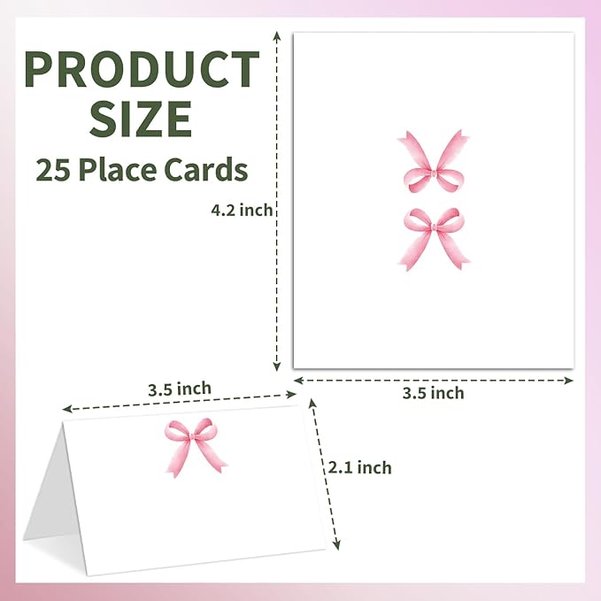 25 Pink Bow Place Cards for Table Seating, Watercolor Wedding Name Place Card - Image 2