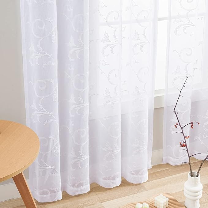 Floral Embroidery Sheer Curtains White 84 Inch Length, Rod Pocket Vintage Voile - Image 5