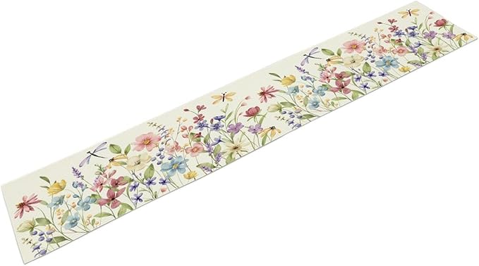 Watercolor Floral Table Runner, Colorful Spring Summer Nature Flower Dragonfly - Image 8