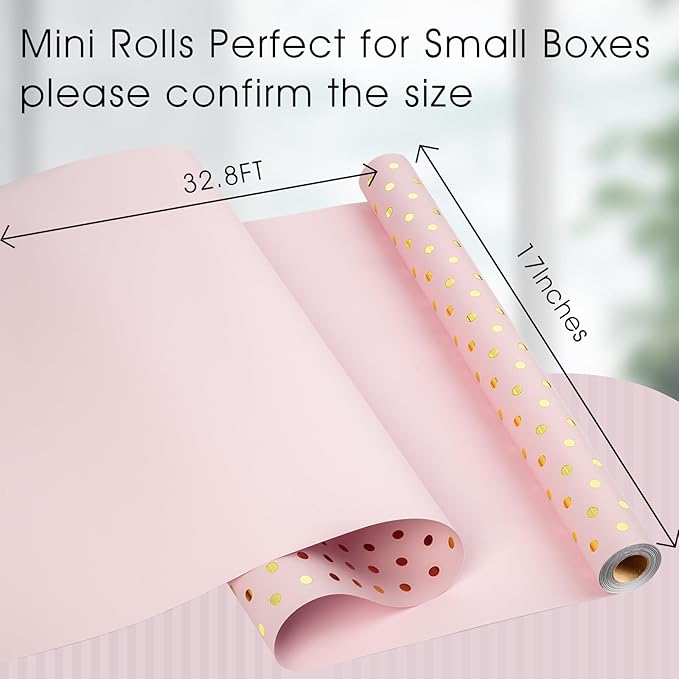 Flyhill Pink Wrapping Paper Roll, Reversible Mini Roll Gold Foil Polka Dot Gift - Image 3