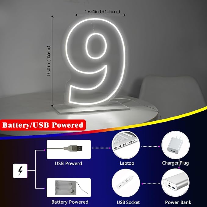 Number 9 Neon Sign for First Birthday, 16.54" Cool White USB Battery Powered - Image 4