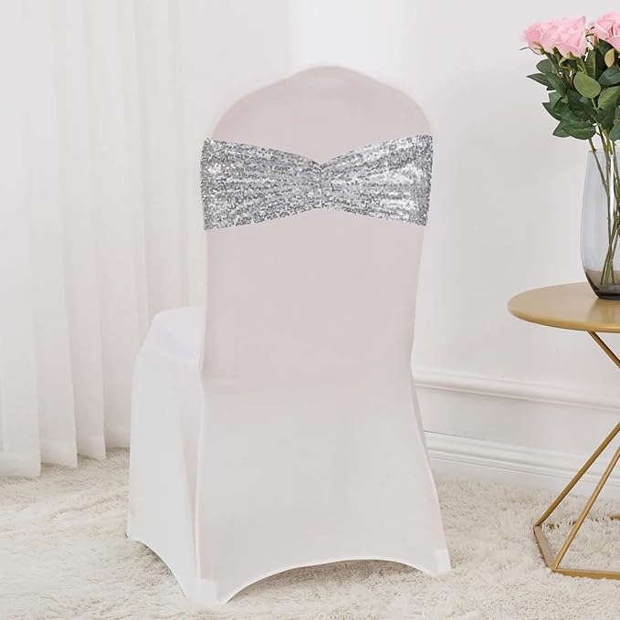 SquarePie Pack of 100 Chair Sashes Bows Sparkly Silver Sequin Chair Bands - Image 7