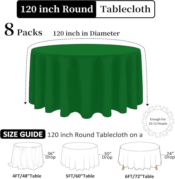 8 Pack Green Round Tablecloth 120 Inch Stain and Wrinkle Resistant Round Green - Image 2