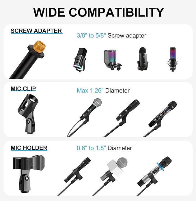 Mic Stand with Boom Arm, Heavy Duty Tripod Microphone Stand Floor Holder Height - Image 5