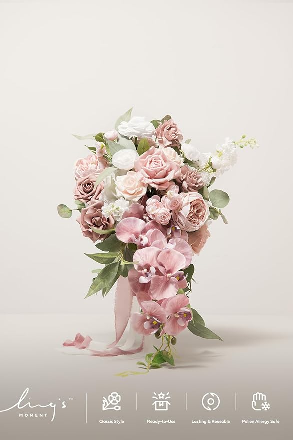 Ling's moment Dusty Rose Bridal Bouquet Cascading, 15 Inch Bride Bouquet - Image 7