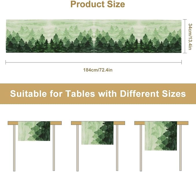 Foggy Forest Table Runner, Watercolor Wreen Misty Forest Landscape Table Runner - Image 7