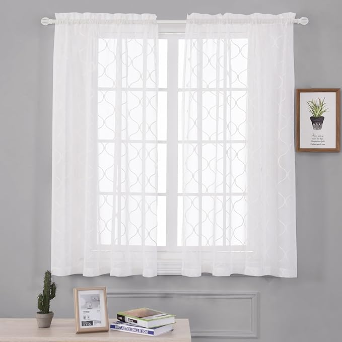 Sheer Curtains White 45 Inches, Wavy Diamond Embroidered Rod Pocket Voile Drapes - Image 2