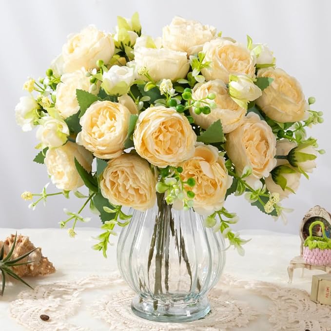 Artificial Peonies Silk Flowers in Glass Vase Faux Flowers Bouquets Modern by JARELING