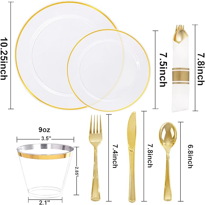SUT 350 Pcs Gold and Clear Plastic Dinnerware Set - Image 2