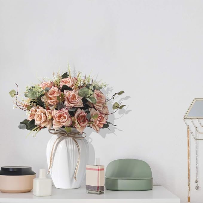LESING Artificial Rose with Vase, Fake Silk Flowers Bouquets in Vase Table - Image 6