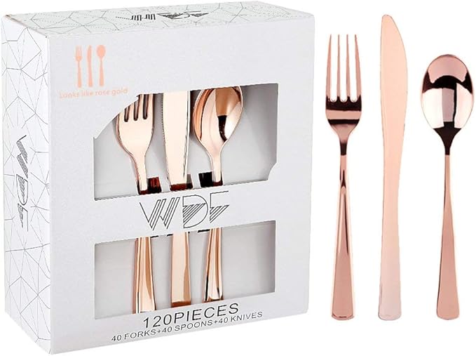 WDF 120 Pieces Rose Gold Plastic Silverware- Disposable Flatware - Image 6