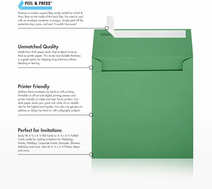 LUXPaper Square Invitation Envelopes | Peel & Press | 5" x 5" | Holiday Green | - Image 9