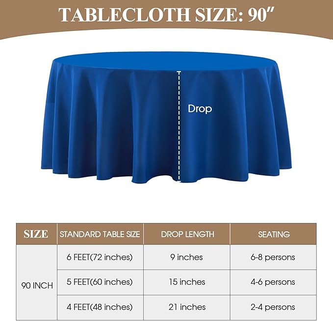 Round Tablecloth 6 Pack 90 Inch Royal Blue Tablecloths Washable Decorative - Image 6