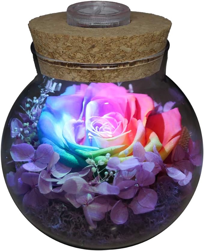 Preserved Real Roses with Colorful Mood Light Wishing Bottle, Eternal by roliys