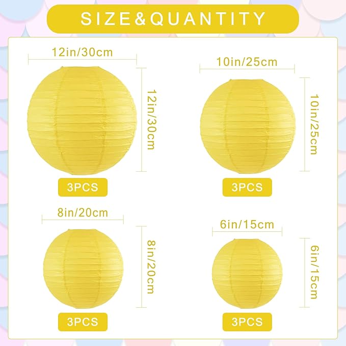 12Pcs Round Paper Lanterns Assorted Sizes - Image 2