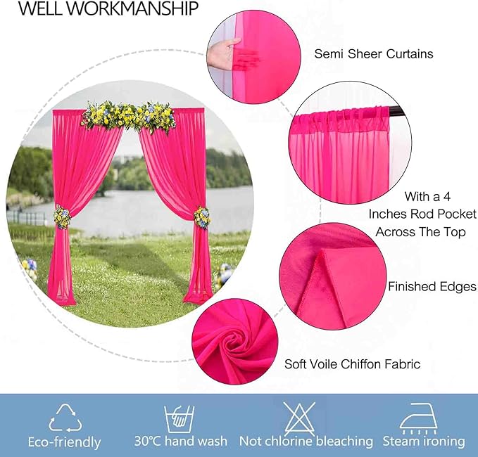 DUOBAO Fuchsia Wedding Backdrop Curtains 2-Pack 96 Inch Long Chiffon Curtain - Image 4