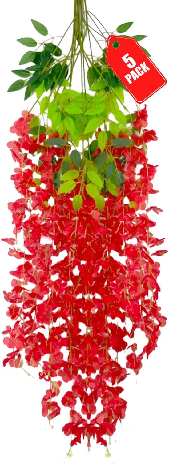 5 Pack Red Wisteria Hanging Flowers, 3.44 Ft Fake Hanging Flowers, Artificial by ZEBMOON