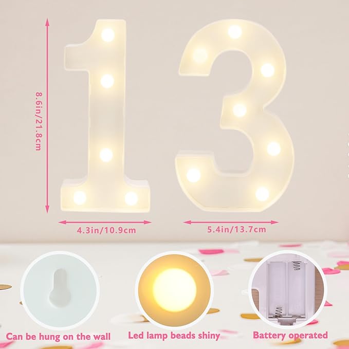 Decorative Led Light Up Numbers, 13th Birthday Decorations, Warm White Led - Image 2