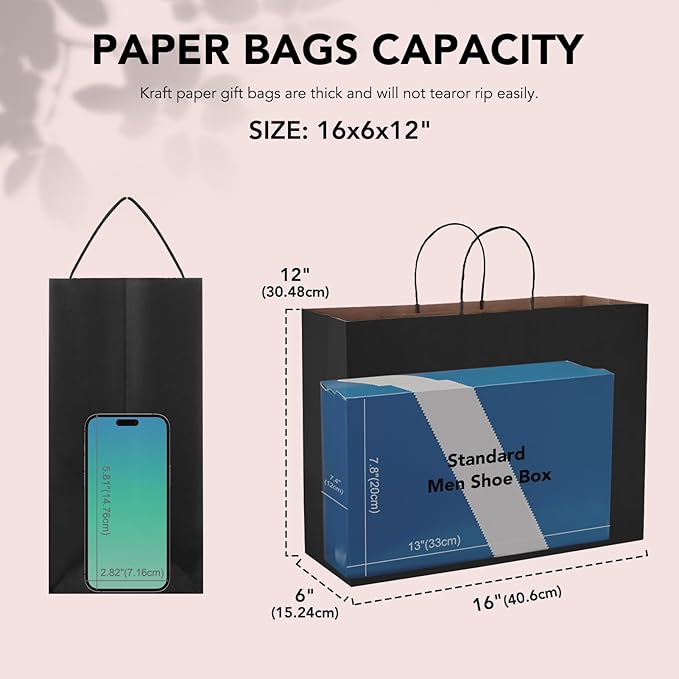 METRONIC 25 Pack Large Black Paper Gift Bags 16X6X12 Inches, Shopping Kraft - Image 2
