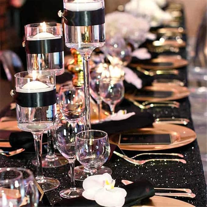 QueenDream Seamless Sequin Tablecloth 90x132 Inch Black Rectangular Tablecloth - Image 3