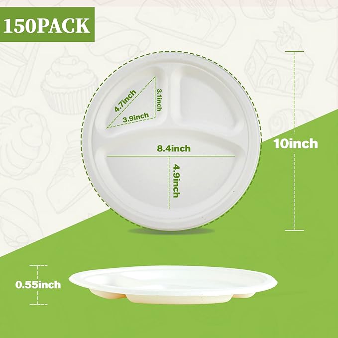 ECOLipak 150 Pack Compostable 3 Compartment Plates, 10 inch Heavy-Duty - Image 2