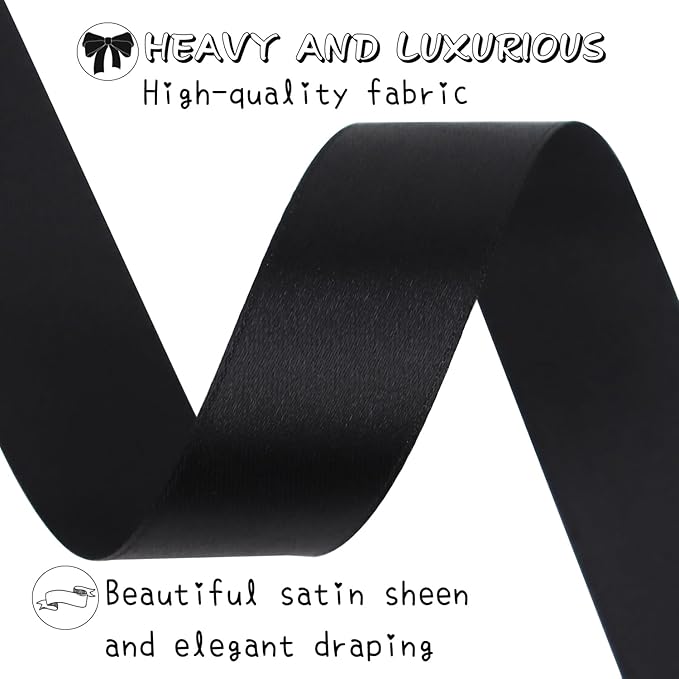 Black Solid Satin Ribbon 1 Inch 50 Yards Solid Polyester Fabric Ribbon - Image 3