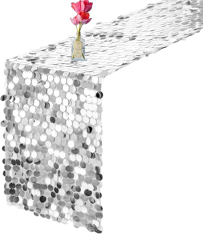 VHH Sequin Table Runner 12 x 108 inches Silver Table Runner, Glitter Runner - Image 9