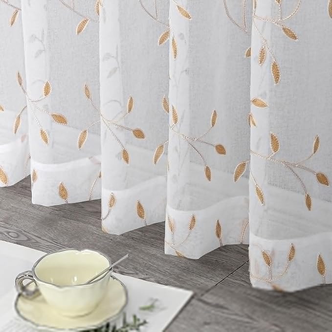 VISIONTEX White Sheer Voile Curtains, Decorative Orange Leaves Embroidery Faux - Image 6