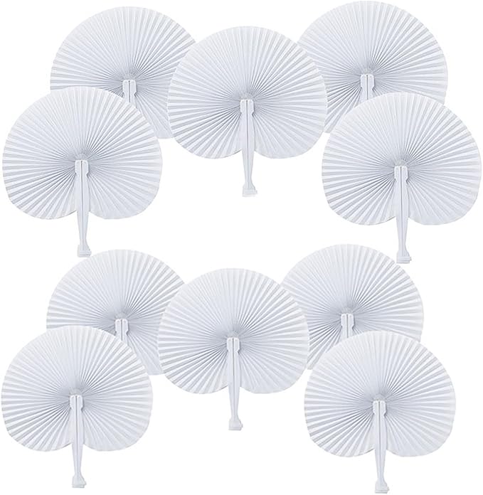 ZWIN 60PCS White Wedding Fans Round Folding Paper Fans Plastic Handle Pocket by ZWIN