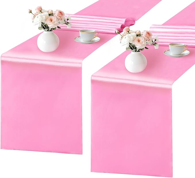 SHEJIZE 2 Pack Pink Satin Table Runner 12x108 Inches Long, Bright Silky Smooth by SHEJIZE