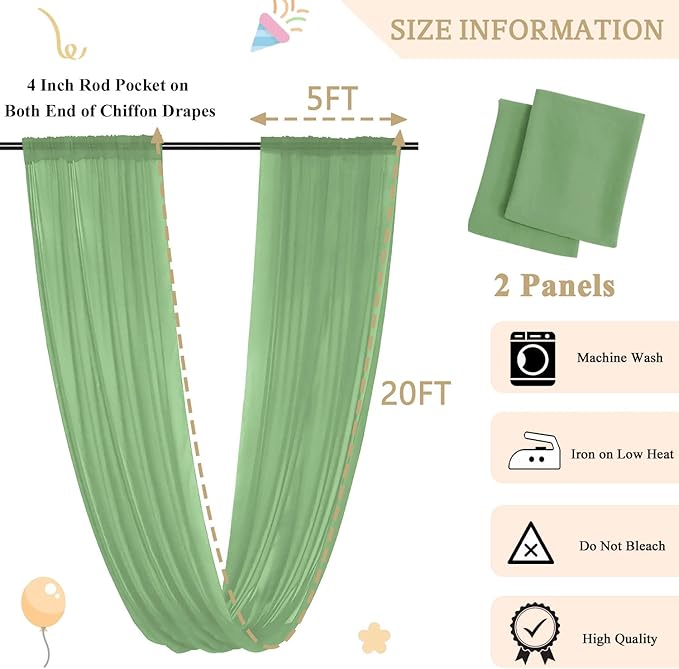 Ceiling Drapes Wedding Arch Drapes Chiffon Arch Draping 2 Panels 5x20 FT Sage - Image 4