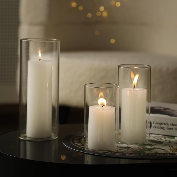 UDU Set of 6 White Pillar Candles and 6 Glass Cylinder Vases Hurricane Holders - Image 7