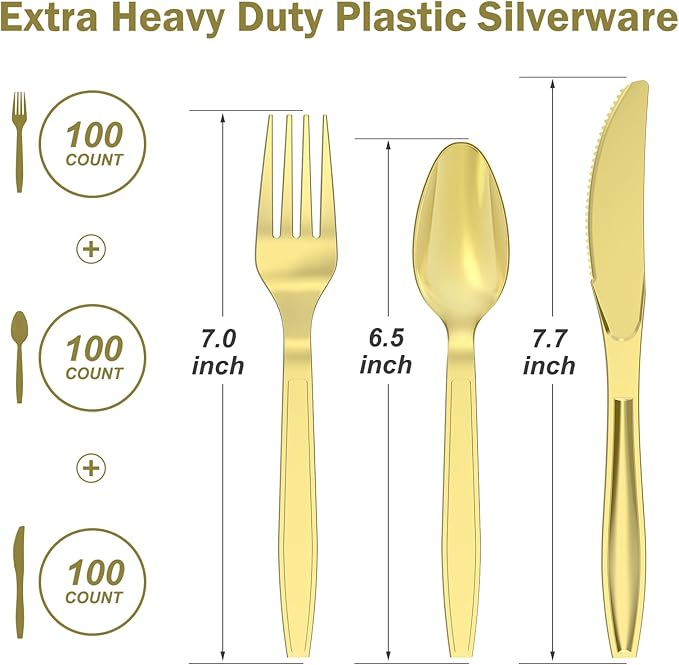 300 Count Extra Heavy Duty Gold Plastic Silverware, 100 Forks, 100 Spoons - Image 2