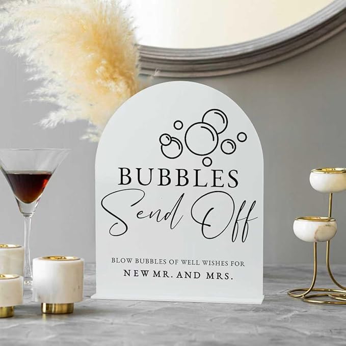 White Arch Acrylic Wedding Sign- 8"x10" Bubbles Send Off Sign and Base - Image 4