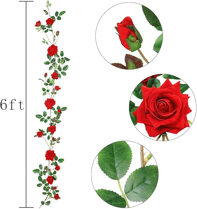 Veryhome Rose Vine Artificial Flower Garland Fake Hanging Rose Ivy Plants 6ft - Image 7
